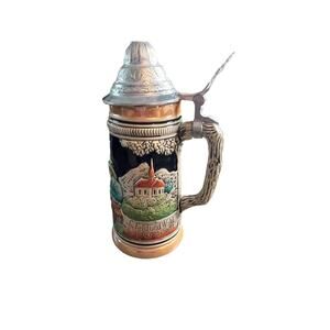 Vintage W Germany Lidded Beer Stein Ceramic Relief Alpine Village Scene Hunter